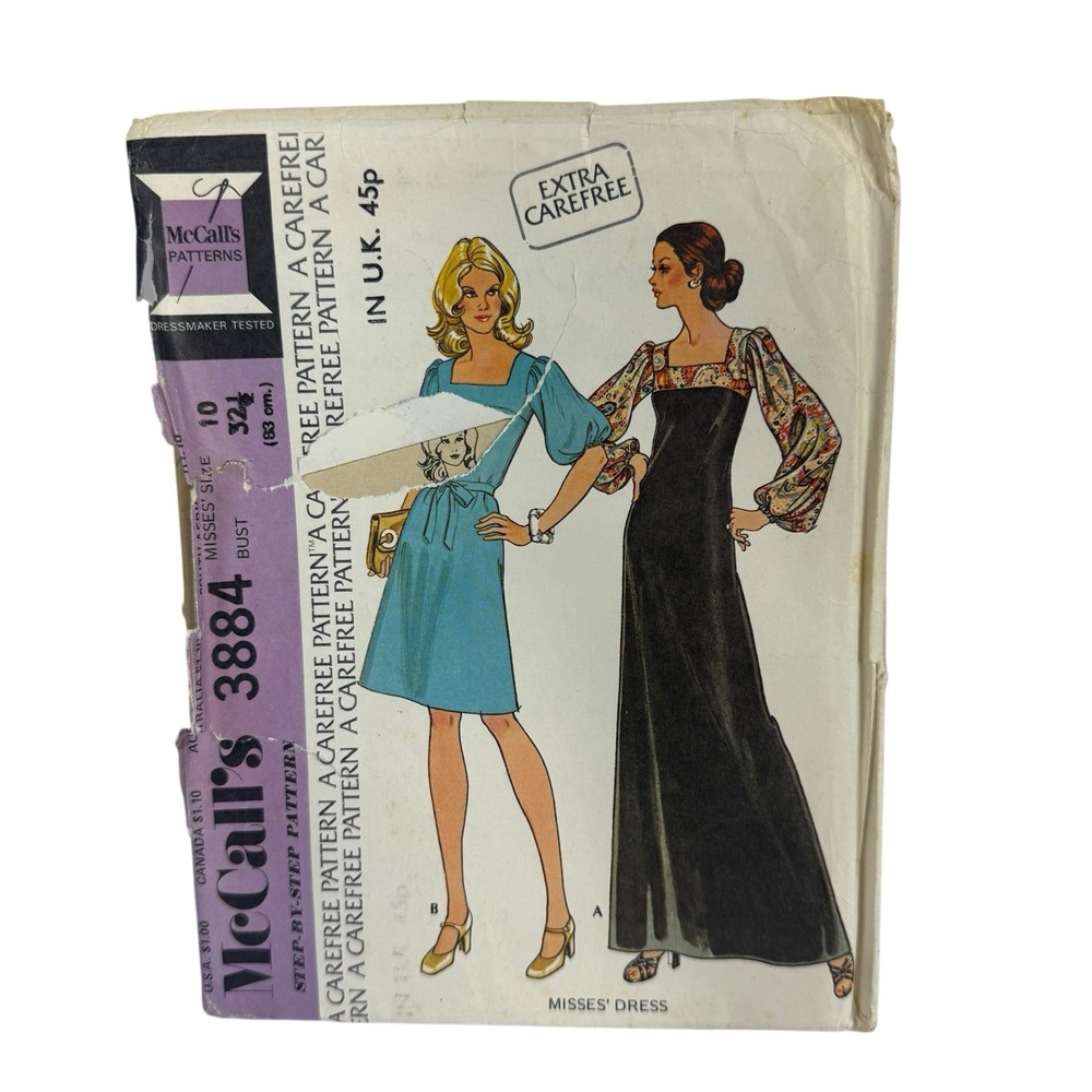 Dress Gown Long Short 10 McCalls 3884 Sewing Pattern‎ VTG 70s Square Neck